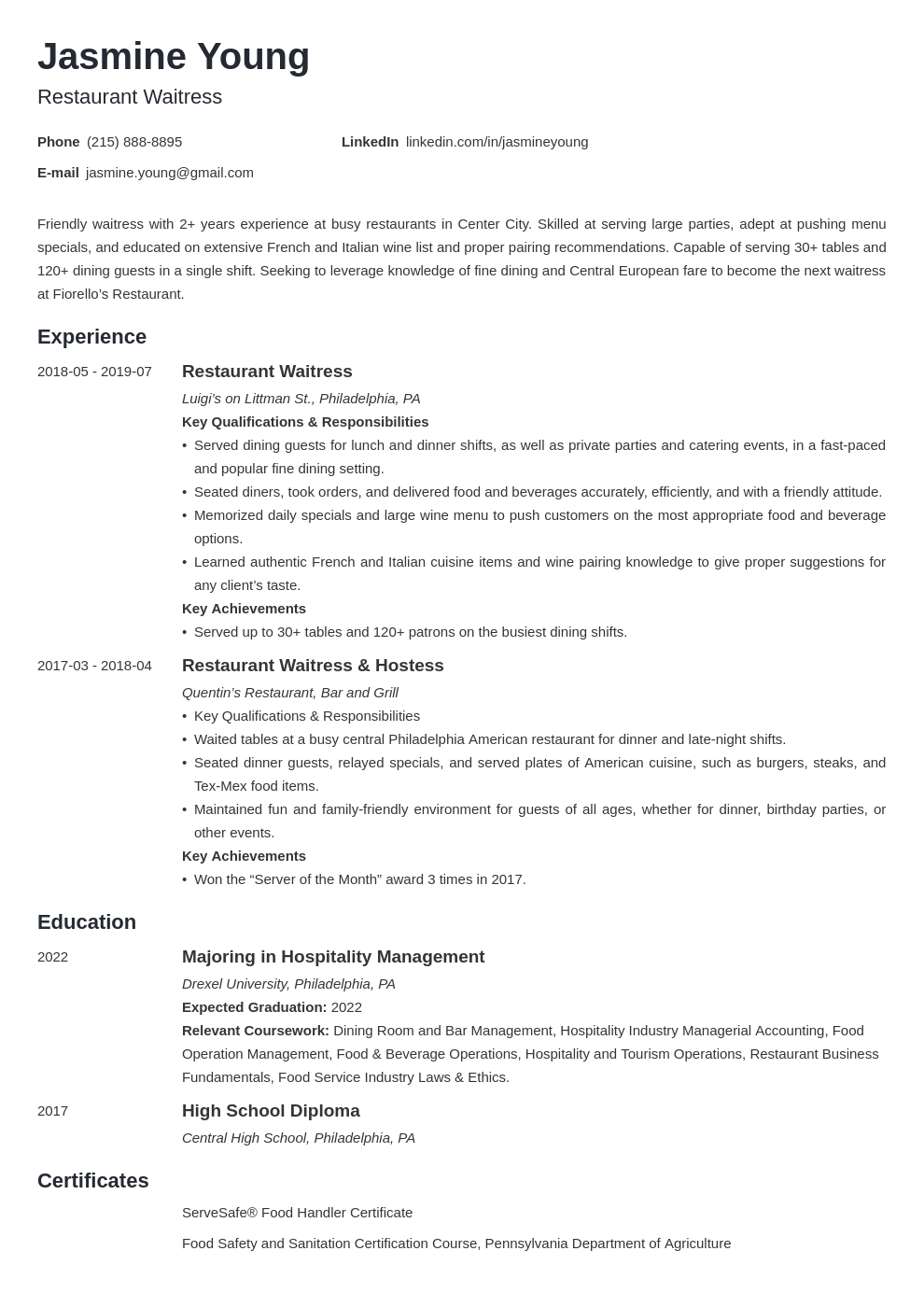 Waiter / Waitress Resume Example + Writing Tips for 2024