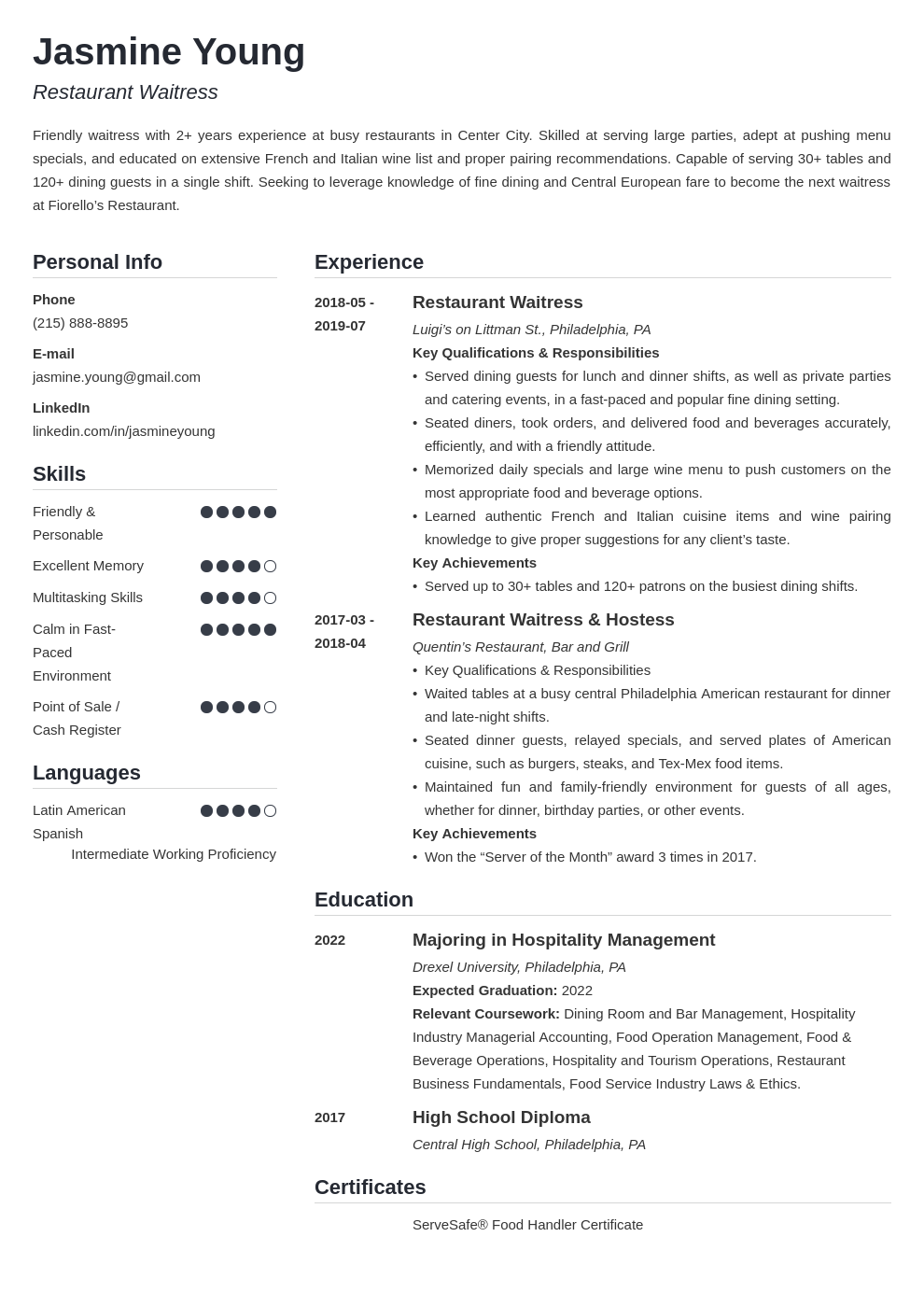 Waiter & Waitress Resume Sample—Examples and 25+ Writing Tips